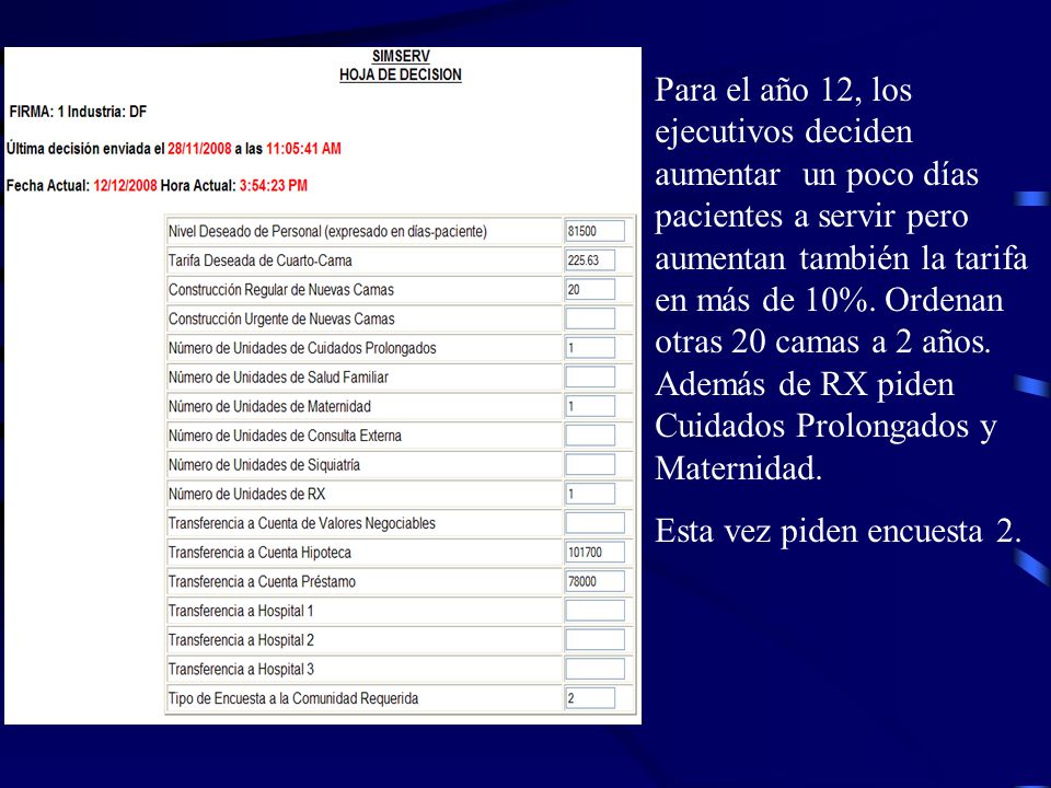 Para el año 12, los ejecutivos deciden aumentar un poco días pacientes a servir pero aumentan también la tarifa en más de 10%. Ordenan otras 20 camas a 2 años. Además de RX piden Cuidados Prolongados y Maternidad.