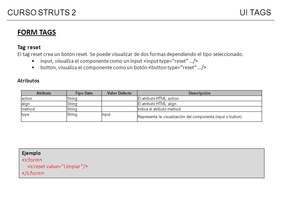 CURSO STRUTS 2 UI TAGS FORM TAGS Tag reset