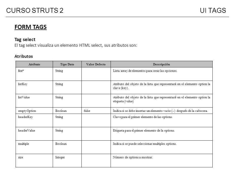 CURSO STRUTS 2 UI TAGS FORM TAGS Tag select