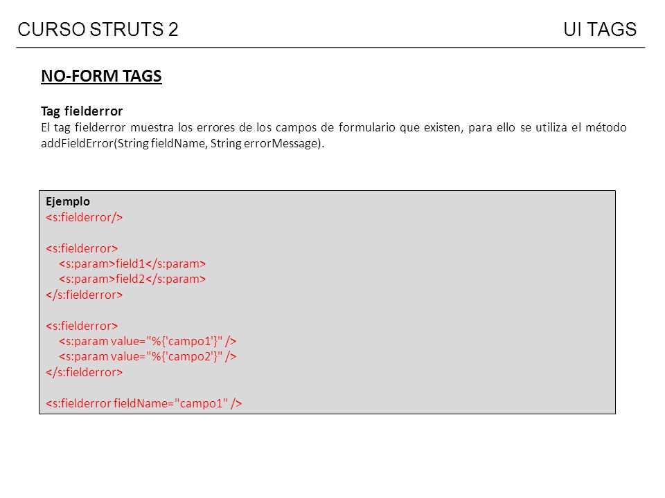 CURSO STRUTS 2 UI TAGS NO-FORM TAGS Tag fielderror