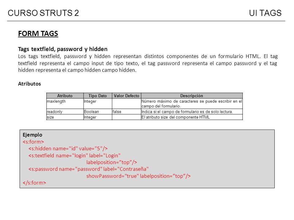 CURSO STRUTS 2 UI TAGS FORM TAGS Tags textfield, password y hidden