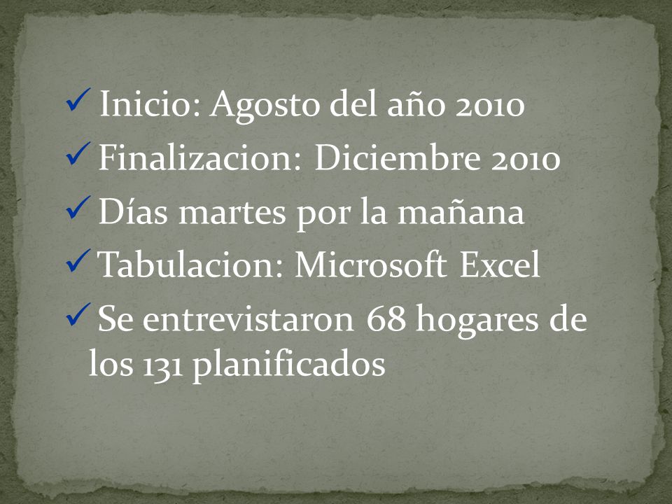 Inicio: Agosto del año 2010 Finalizacion: Diciembre Días martes por la mañana. Tabulacion: Microsoft Excel.