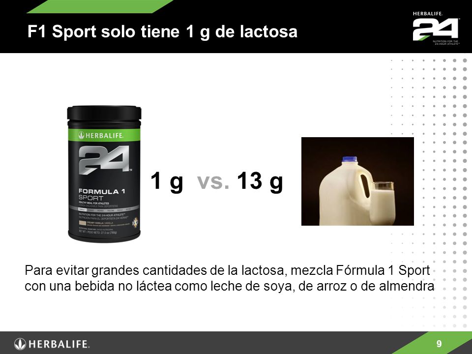 1 g vs. 13 g F1 Sport solo tiene 1 g de lactosa