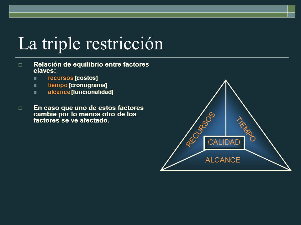 La triple restricción RECURSOS TIEMPO CALIDAD ALCANCE