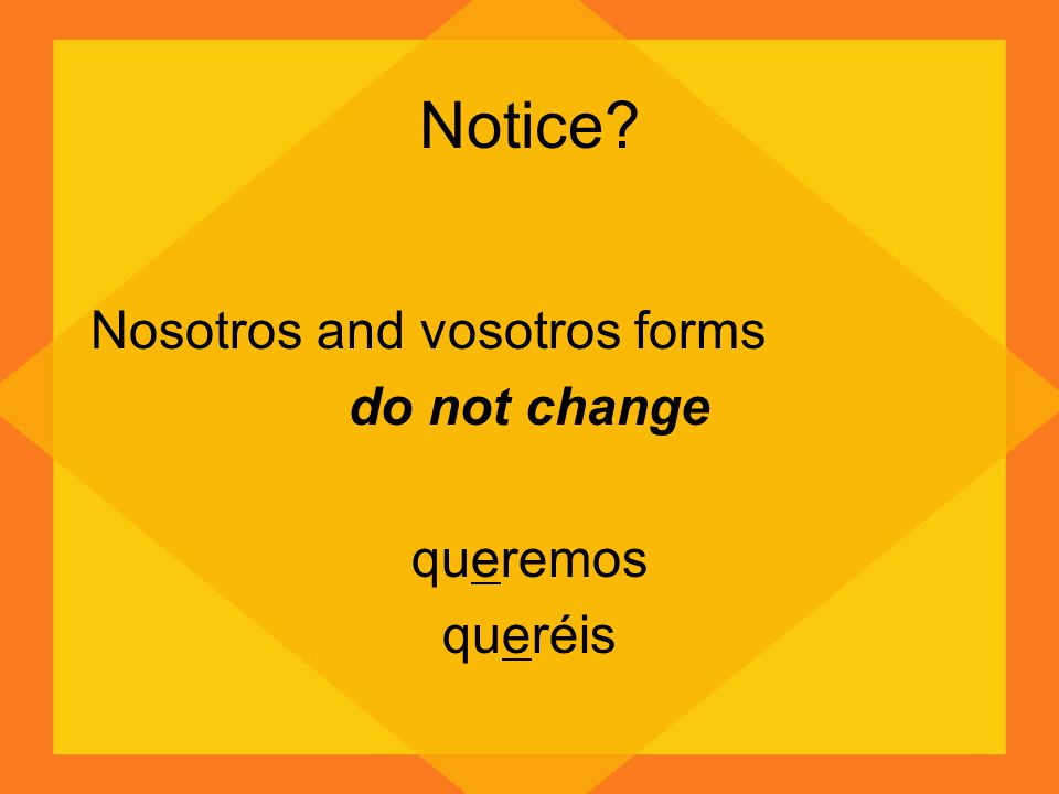 Notice Nosotros and vosotros forms do not change queremos queréis