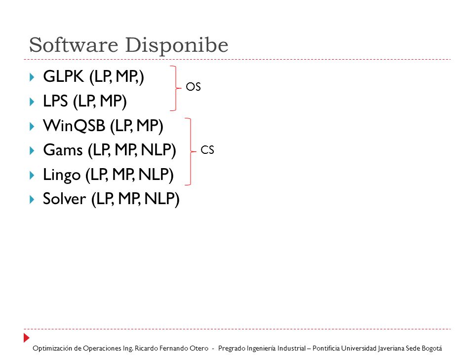 Software Disponibe GLPK (LP, MP,) LPS (LP, MP) WinQSB (LP, MP)