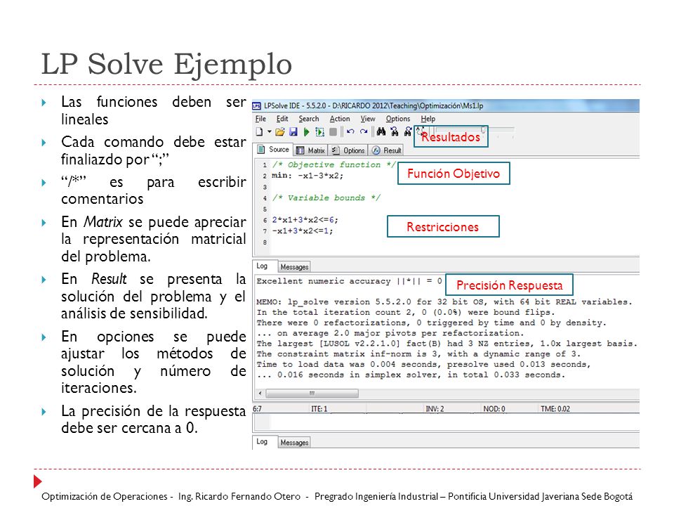 LP Solve Ejemplo Las funciones deben ser lineales