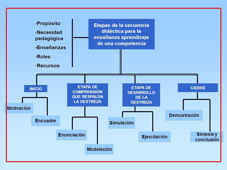 Propósito Necesidad pedagógica. -Enseñanzas. Roles. Recursos. Etapas de la secuencia didáctica para la enseñanza aprendizaje de una competencia.