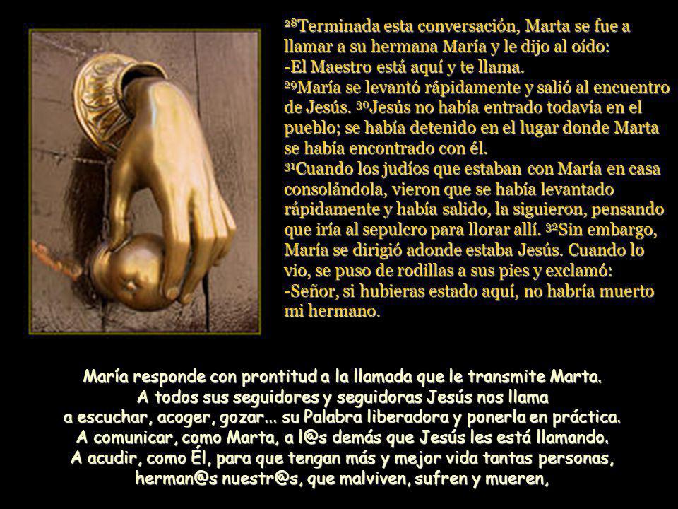 28Terminada esta conversación, Marta se fue a llamar a su hermana María y le dijo al oído: -El Maestro está aquí y te llama. 29María se levantó rápidamente y salió al encuentro de Jesús. 30Jesús no había entrado todavía en el pueblo; se había detenido en el lugar donde Marta se había encontrado con él. 31Cuando los judíos que estaban con María en casa consolándola, vieron que se había levantado rápidamente y había salido, la siguieron, pensando que iría al sepulcro para llorar allí. 32Sin embargo, María se dirigió adonde estaba Jesús. Cuando lo vio, se puso de rodillas a sus pies y exclamó: -Señor, si hubieras estado aquí, no habría muerto mi hermano.