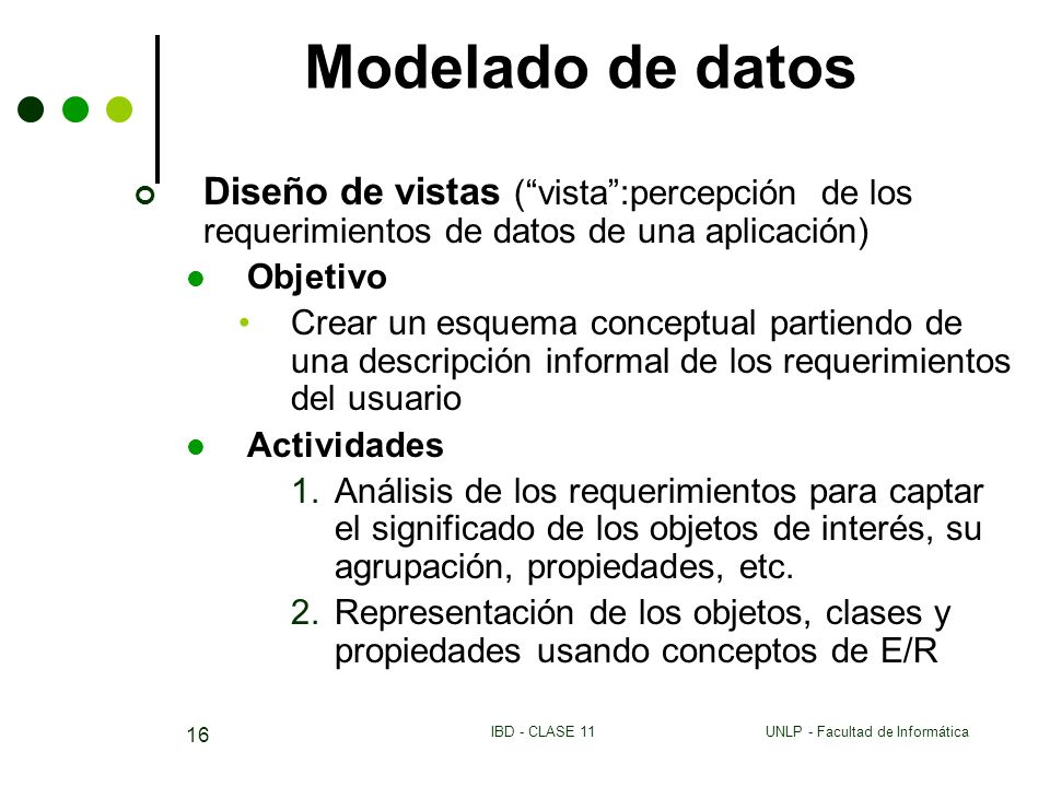 Modelado de datos Diseño de vistas ( vista :percepción de los requerimientos de datos de una aplicación)