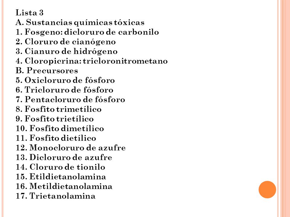 Lista 3 A. Sustancias químicas tóxicas. 1. Fosgeno: dicloruro de carbonilo. 2. Cloruro de cianógeno.