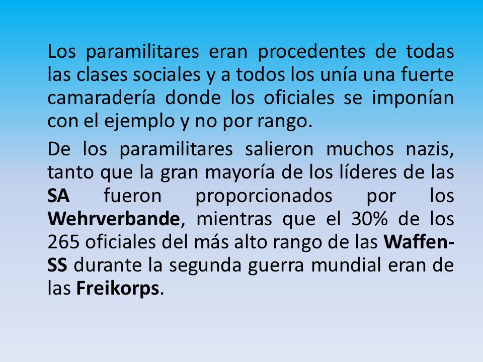 Los paramilitares eran procedentes de todas las clases sociales y a todos los unía una fuerte camaradería donde los oficiales se imponían con el ejemplo y no por rango.