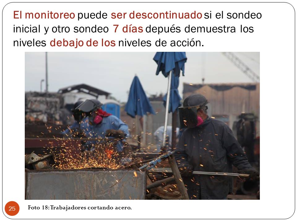 El monitoreo puede ser descontinuado si el sondeo inicial y otro sondeo 7 días depués demuestra los niveles debajo de los niveles de acción.