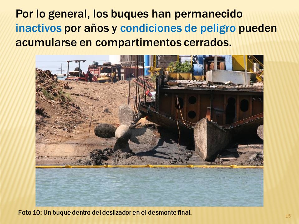 Por lo general, los buques han permanecido inactivos por años y condiciones de peligro pueden acumularse en compartimentos cerrados.