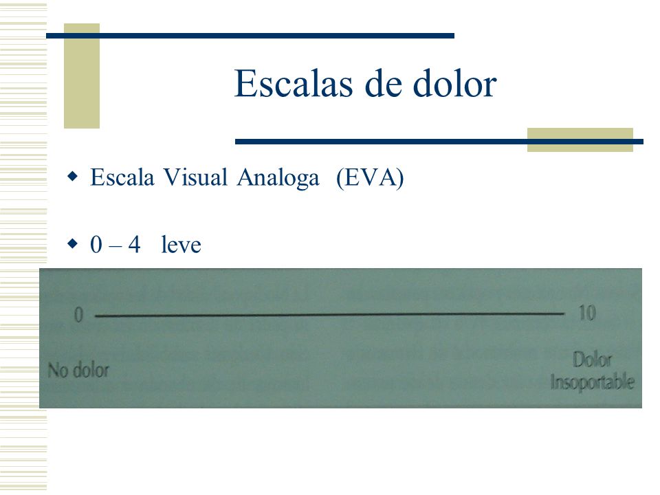 Escalas de dolor Escala Visual Analoga (EVA) 0 – 4 leve 4 – 7 moderado
