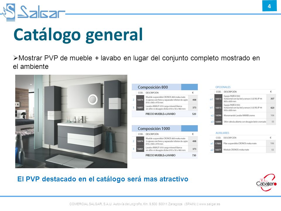 Catálogo general Mostrar PVP de mueble + lavabo en lugar del conjunto completo mostrado en el ambiente.