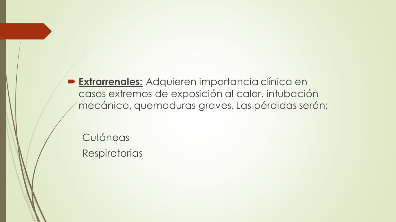 Extrarrenales: Adquieren importancia clínica en casos extremos de exposición al calor, intubación mecánica, quemaduras graves. Las pérdidas serán:
