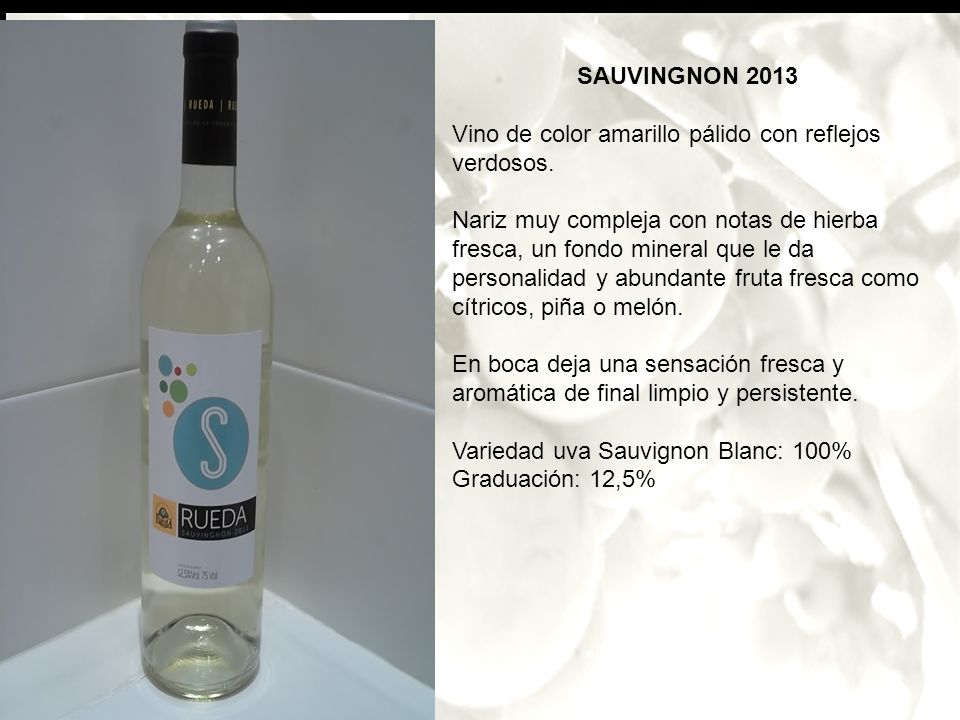 SAUVINGNON 2013 Vino de color amarillo pálido con reflejos verdosos.