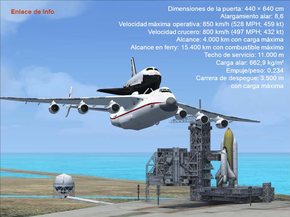 Dimensiones de la puerta: 440 × 640 cm Alargamiento alar: 8,6 Velocidad máxima operativa: 850 km/h (528 MPH; 459 kt) Velocidad crucero: 800 km/h (497 MPH; 432 kt) Alcance: km con carga máxima Alcance en ferry: km con combustible máximo Techo de servicio: m Carga alar: 662,9 kg/m² Empuje/peso: 0,234 Carrera de despegue: m con carga máxima