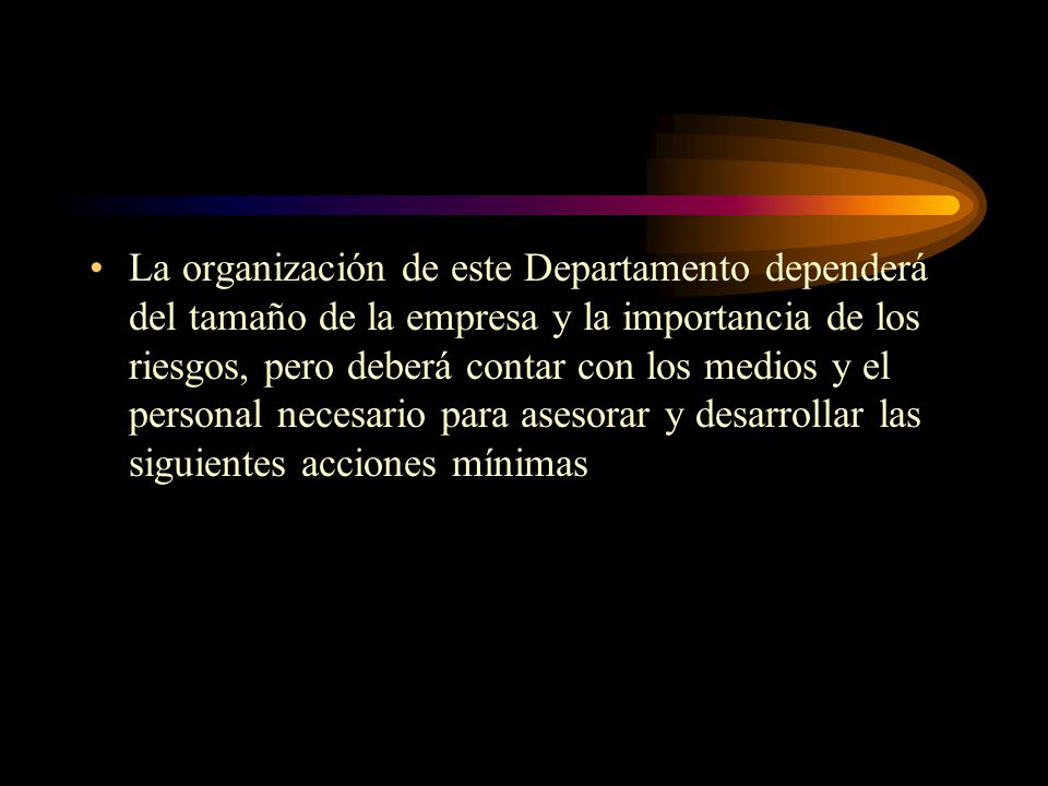 La organización de este Departamento dependerá del tamaño de la empresa y la importancia de los riesgos, pero deberá contar con los medios y el personal necesario para asesorar y desarrollar las siguientes acciones mínimas