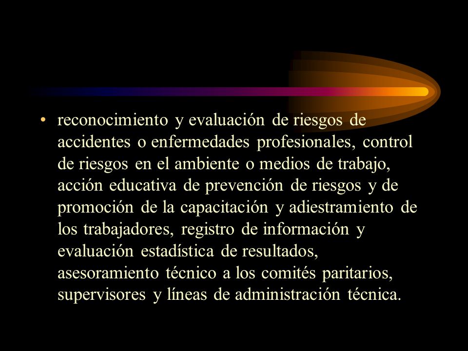 reconocimiento y evaluación de riesgos de accidentes o enfermedades profesionales, control de riesgos en el ambiente o medios de trabajo, acción educativa de prevención de riesgos y de promoción de la capacitación y adiestramiento de los trabajadores, registro de información y evaluación estadística de resultados, asesoramiento técnico a los comités paritarios, supervisores y líneas de administración técnica.