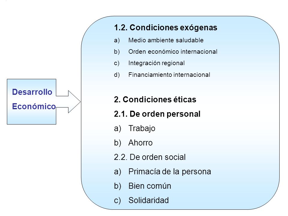 1.2. Condiciones exógenas 2. Condiciones éticas 2.1. De orden personal