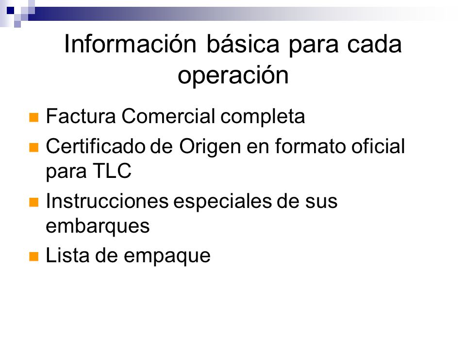 Información básica para cada operación