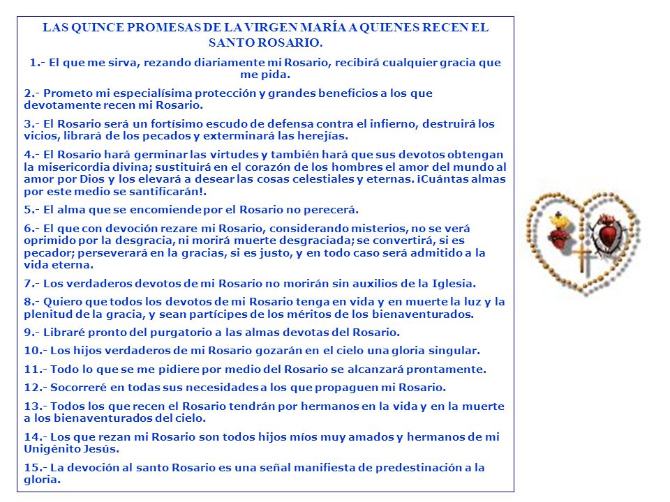 LAS QUINCE PROMESAS DE LA VIRGEN MARÍA A QUIENES RECEN EL SANTO ROSARIO.