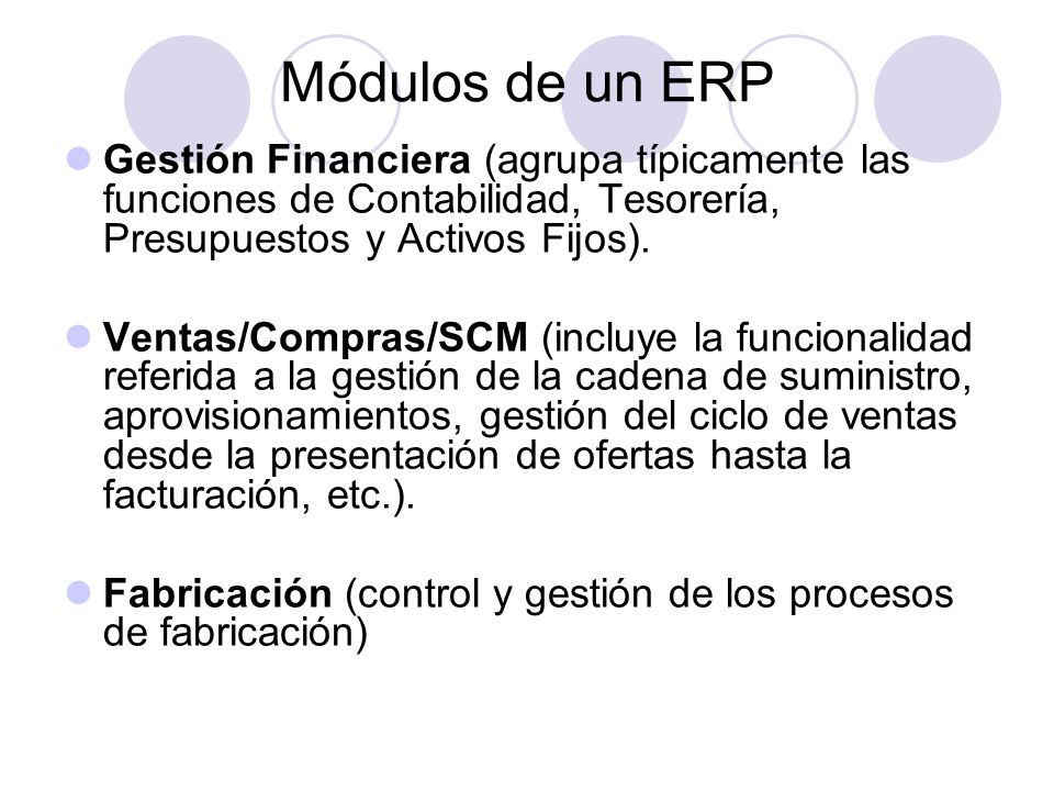 Módulos de un ERP Gestión Financiera (agrupa típicamente las funciones de Contabilidad, Tesorería, Presupuestos y Activos Fijos).