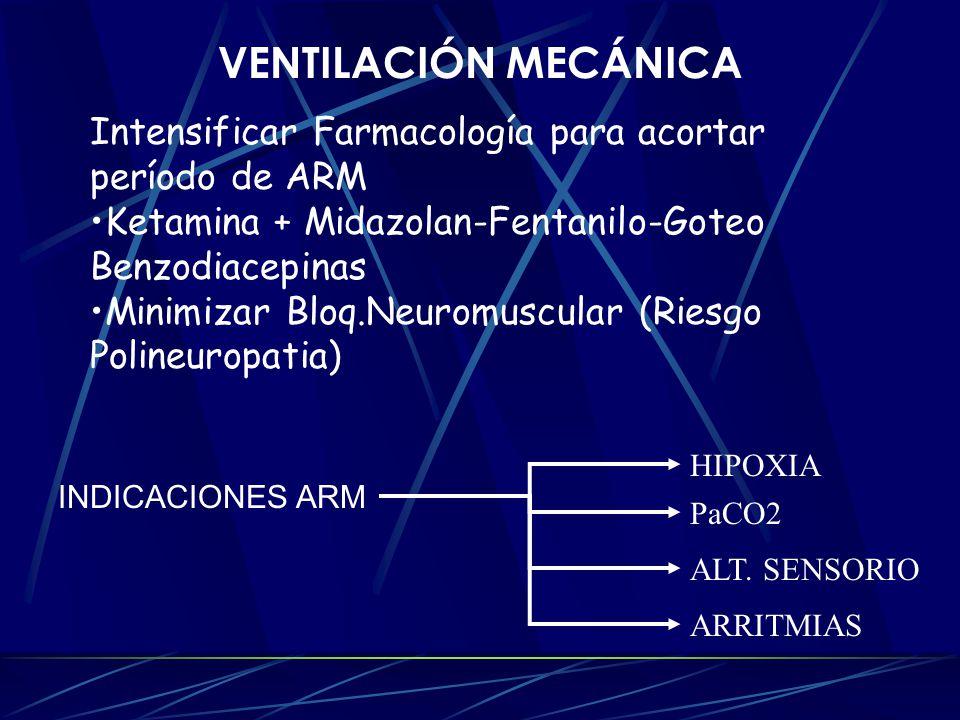 VENTILACIÓN MECÁNICA Intensificar Farmacología para acortar período de ARM. Ketamina + Midazolan-Fentanilo-Goteo Benzodiacepinas.