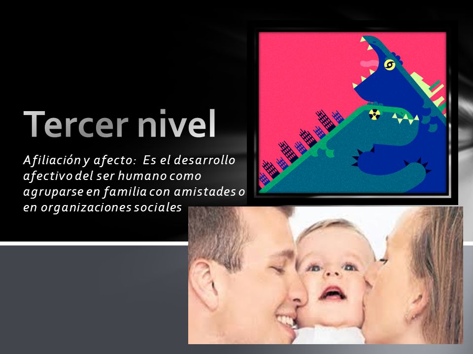Tercer nivel Afiliación y afecto: Es el desarrollo afectivo del ser humano como agruparse en familia con amistades o en organizaciones sociales.