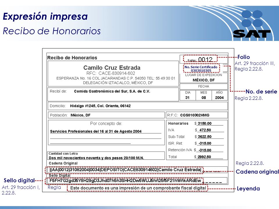 Expresión impresa Recibo de Honorarios Folio No. de serie