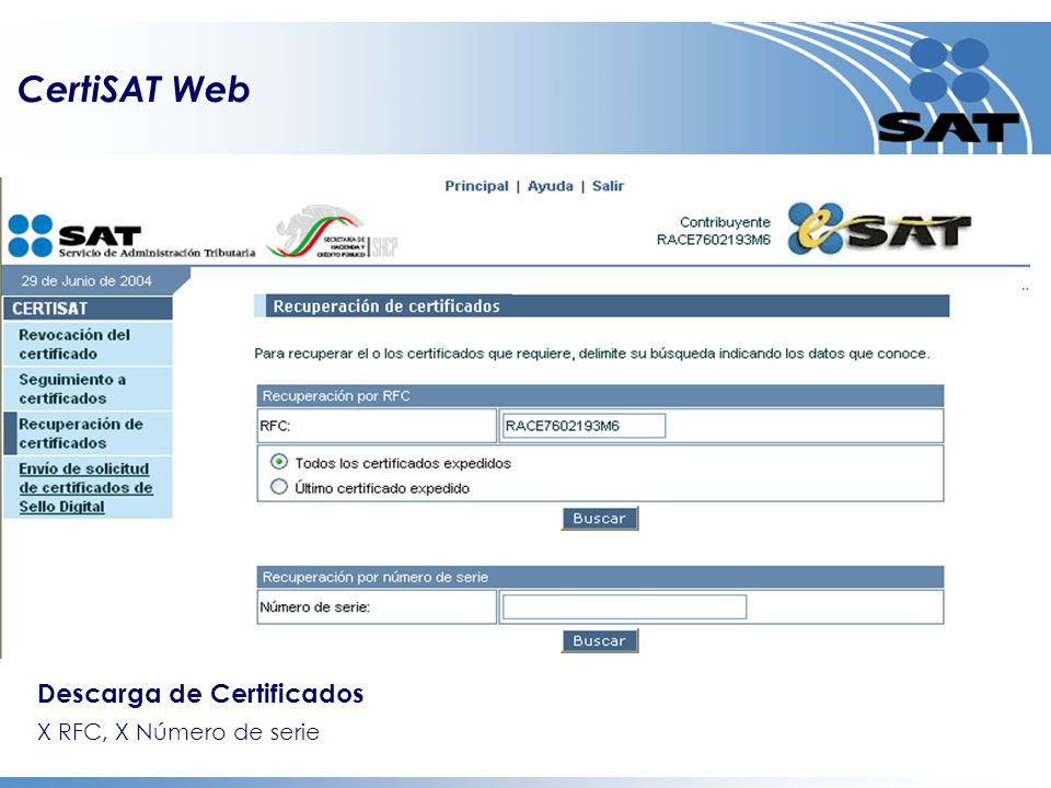 CertiSAT Web Descarga de Certificados X RFC, X Número de serie