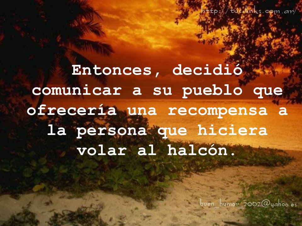Entonces, decidió comunicar a su pueblo que ofrecería una recompensa a la persona que hiciera volar al halcón.