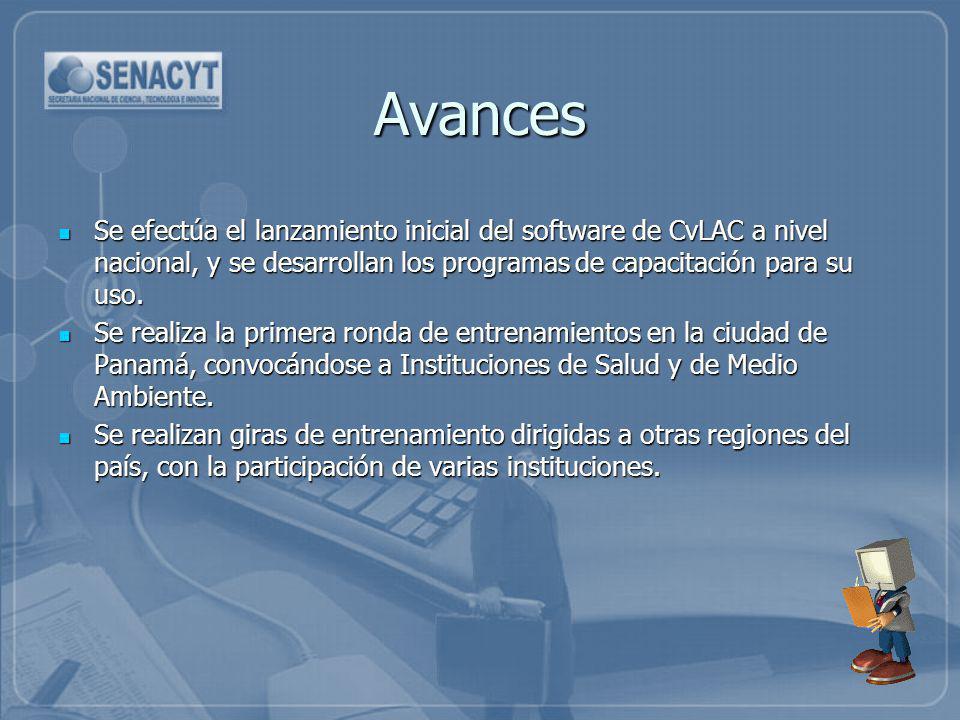 Avances Se efectúa el lanzamiento inicial del software de CvLAC a nivel nacional, y se desarrollan los programas de capacitación para su uso.