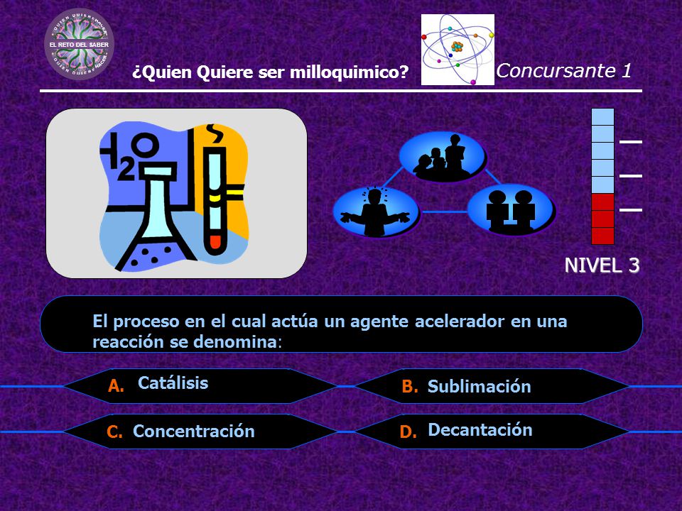 NIVEL 3 El proceso en el cual actúa un agente acelerador en una reacción se denomina: Catálisis. Sublimación.