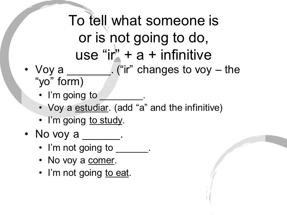 To tell what someone is or is not going to do, use ir + a + infinitive