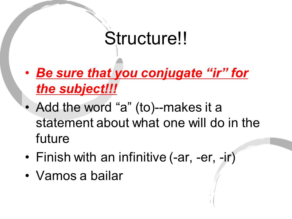 Structure!! Be sure that you conjugate ir for the subject!!!