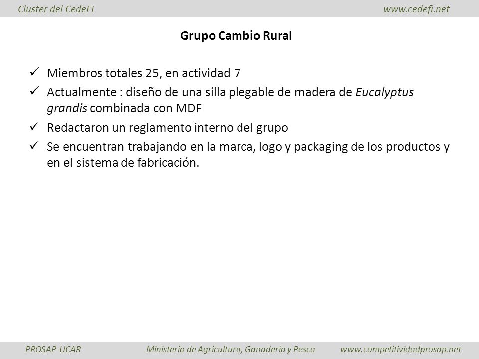 Grupo Cambio Rural Miembros totales 25, en actividad 7. Actualmente : diseño de una silla plegable de madera de Eucalyptus grandis combinada con MDF.