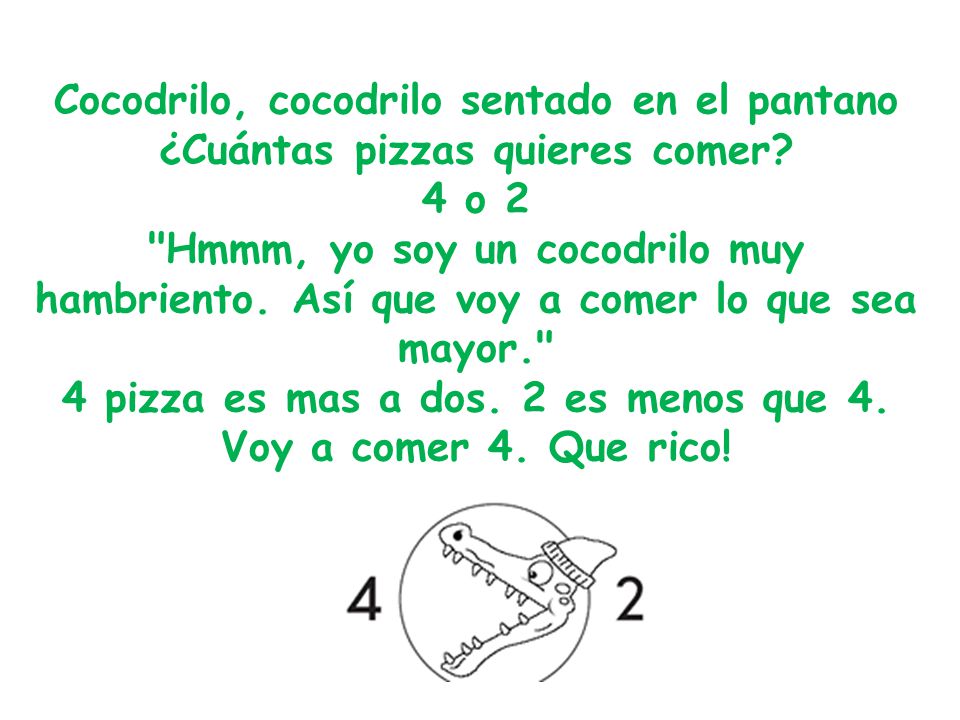 Cocodrilo, cocodrilo sentado en el pantano ¿Cuántas pizzas quieres comer.