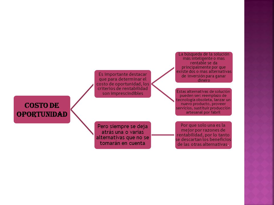 COSTO DE OPORTUNIDAD Es importante destacar que para determinar el costo de oportunidad, los criterios de rentabilidad son imprescindibles.