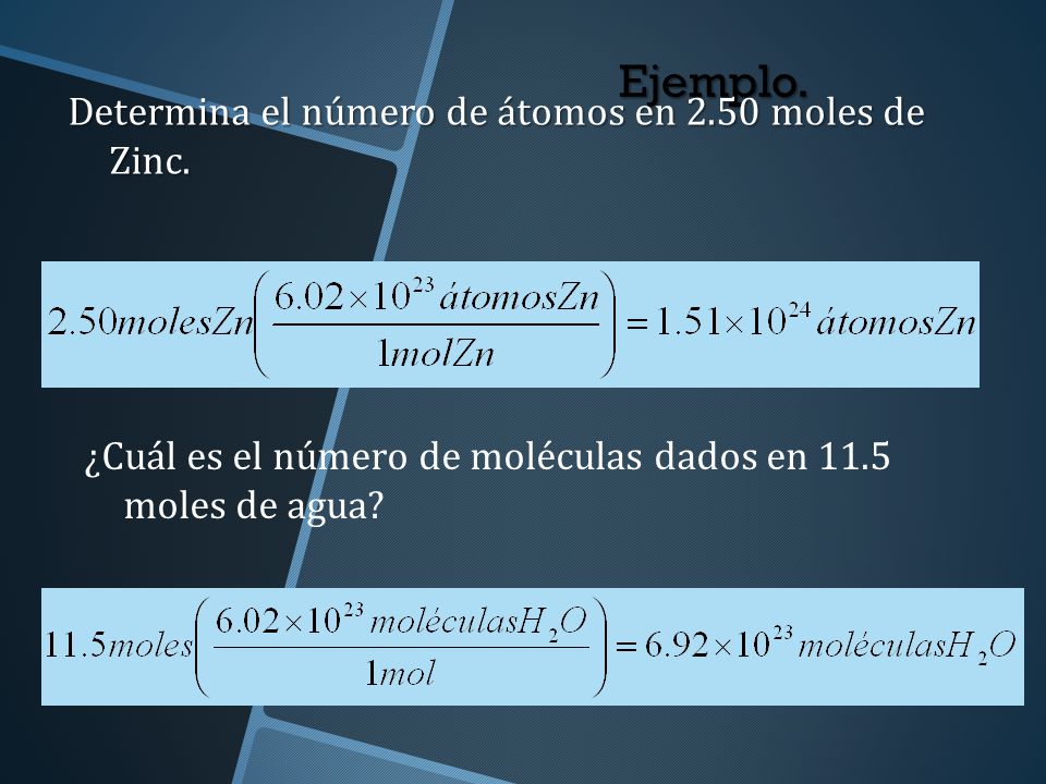 Ejemplo. Determina el número de átomos en 2.50 moles de Zinc.