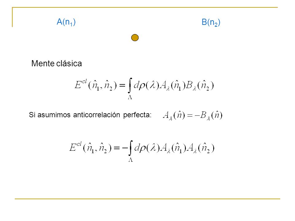 A(n1) B(n2) Mente clásica Si asumimos anticorrelación perfecta: