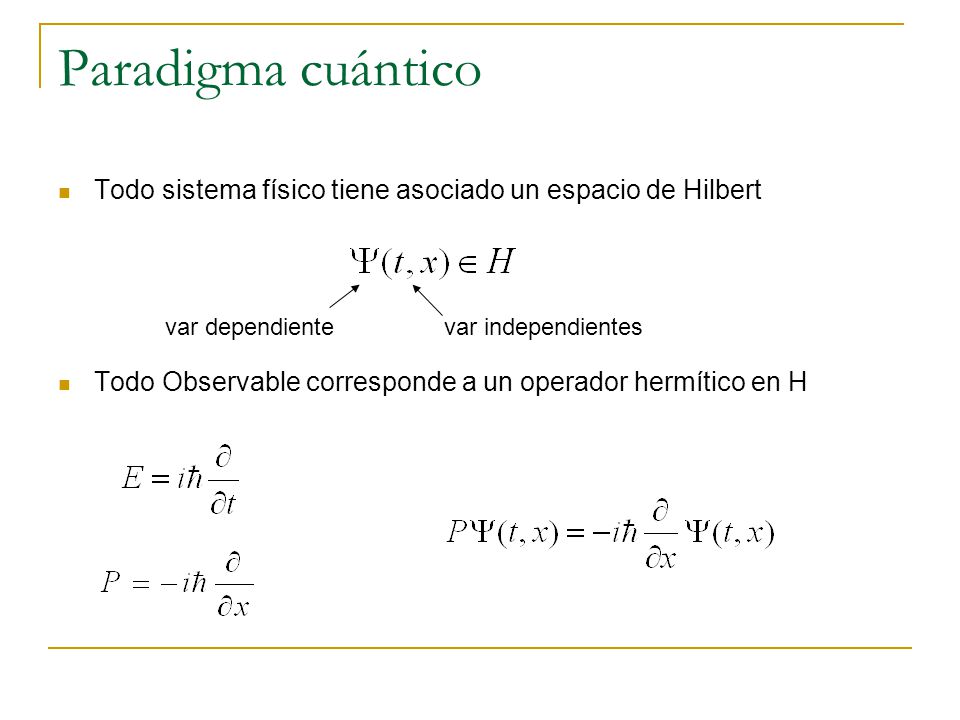 Paradigma cuántico Todo sistema físico tiene asociado un espacio de Hilbert. Todo Observable corresponde a un operador hermítico en H.