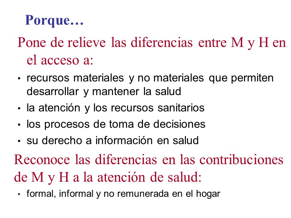 Pone de relieve las diferencias entre M y H en el acceso a: