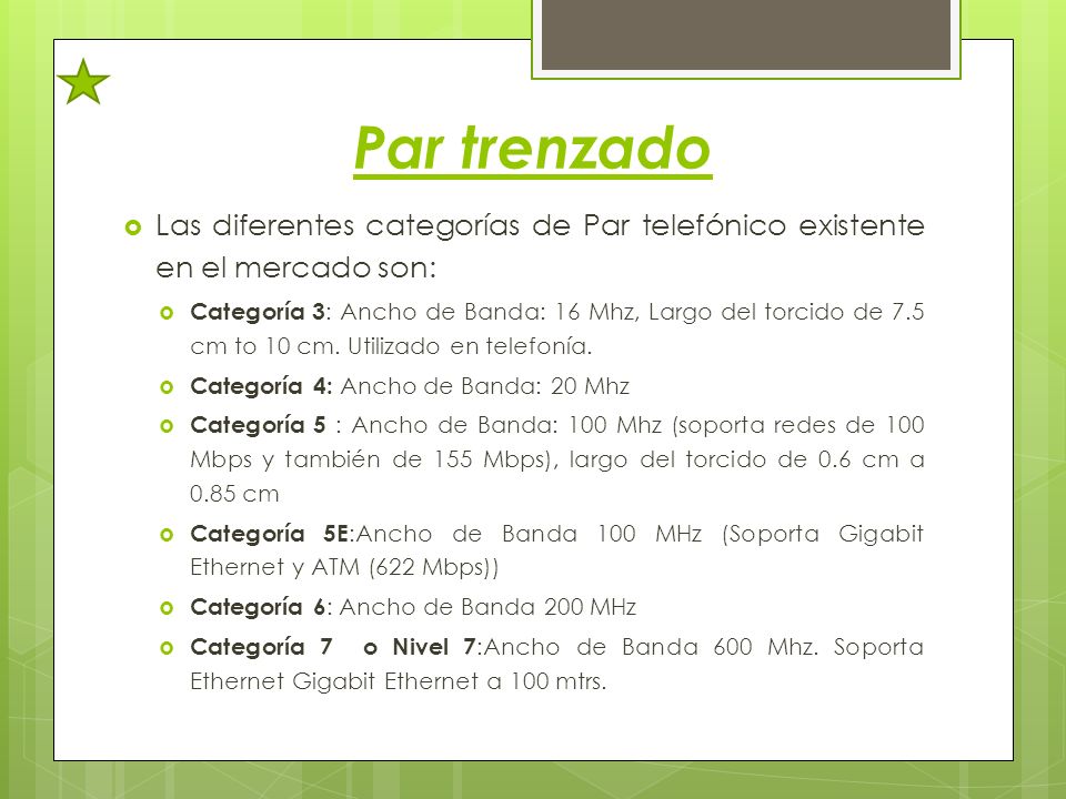 Par trenzado Las diferentes categorías de Par telefónico existente en el mercado son:
