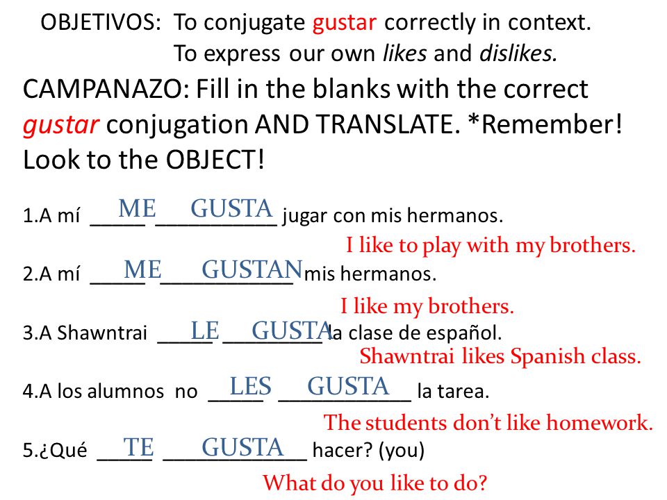 OBJETIVOS:. To conjugate gustar correctly in context