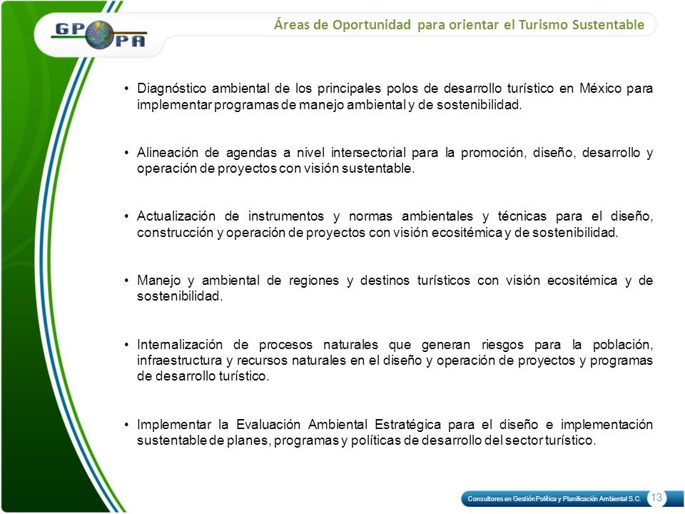 Áreas de Oportunidad para orientar el Turismo Sustentable