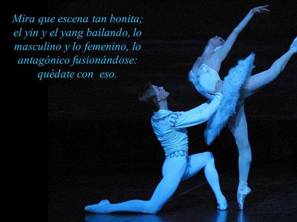 Mira que escena tan bonita; el yin y el yang bailando, lo masculino y lo femenino, lo antagónico fusionándose: quédate con eso.