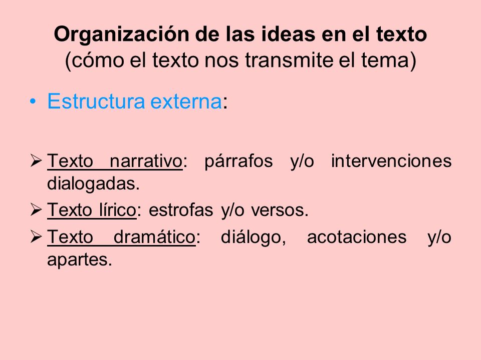 Organización de las ideas en el texto (cómo el texto nos transmite el tema)